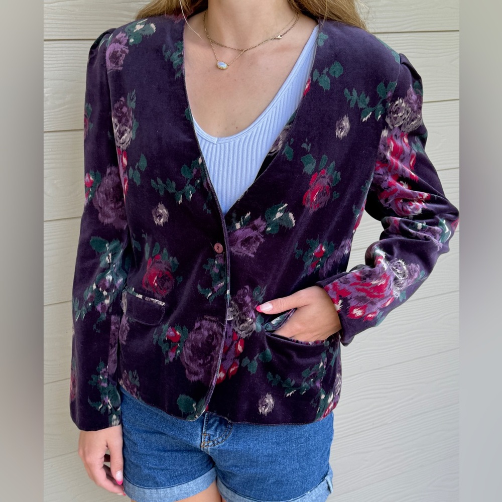 Vintage Union made purple floral velour blazer Size M